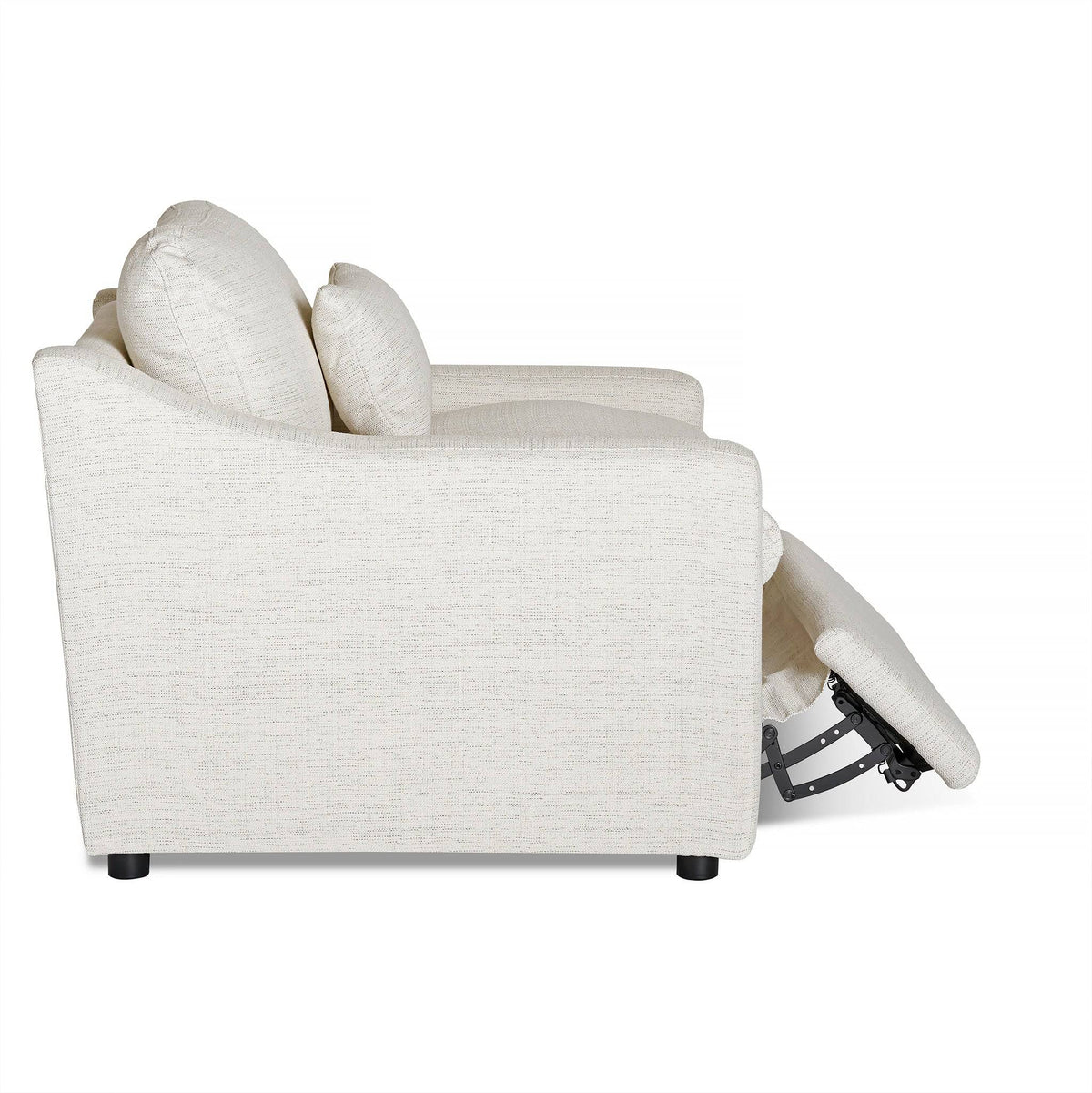 A side view of the My Cloud Slope Power Recliner sofa shows its beige upholstery, extended footrest, plush cushions, and sleek armrests. This customizable furniture piece is set against a clean white background.