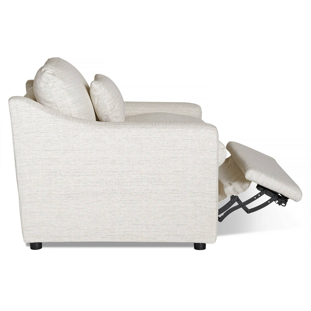 Side view of the My Cloud Slope Power Recliner, a light beige fabric-upholstered chair with an upright back and extended footrest. This customizable piece has rounded armrests and dark, short cylindrical legs.