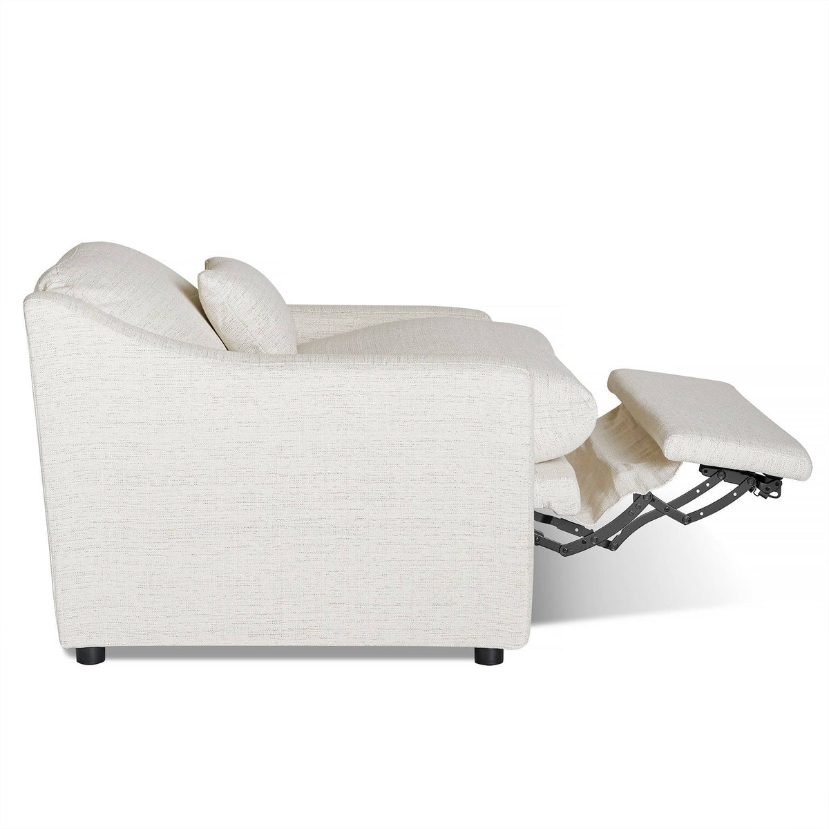 The My Cloud Slope Power Recliner displays its sleek mechanism in action with a side view of its light-colored fabric and extended footrest, combining simple elegance with customizable options for personalized comfort and style.