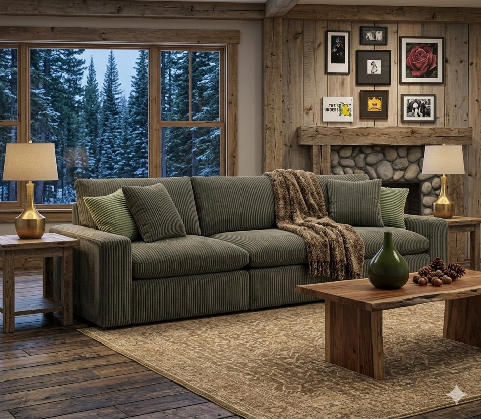 Yeti 3 Piece Straight in Fog corduroy — three-seat straight sectional in a cabin living room. Cozy & Rustic, St. Cloud MN.