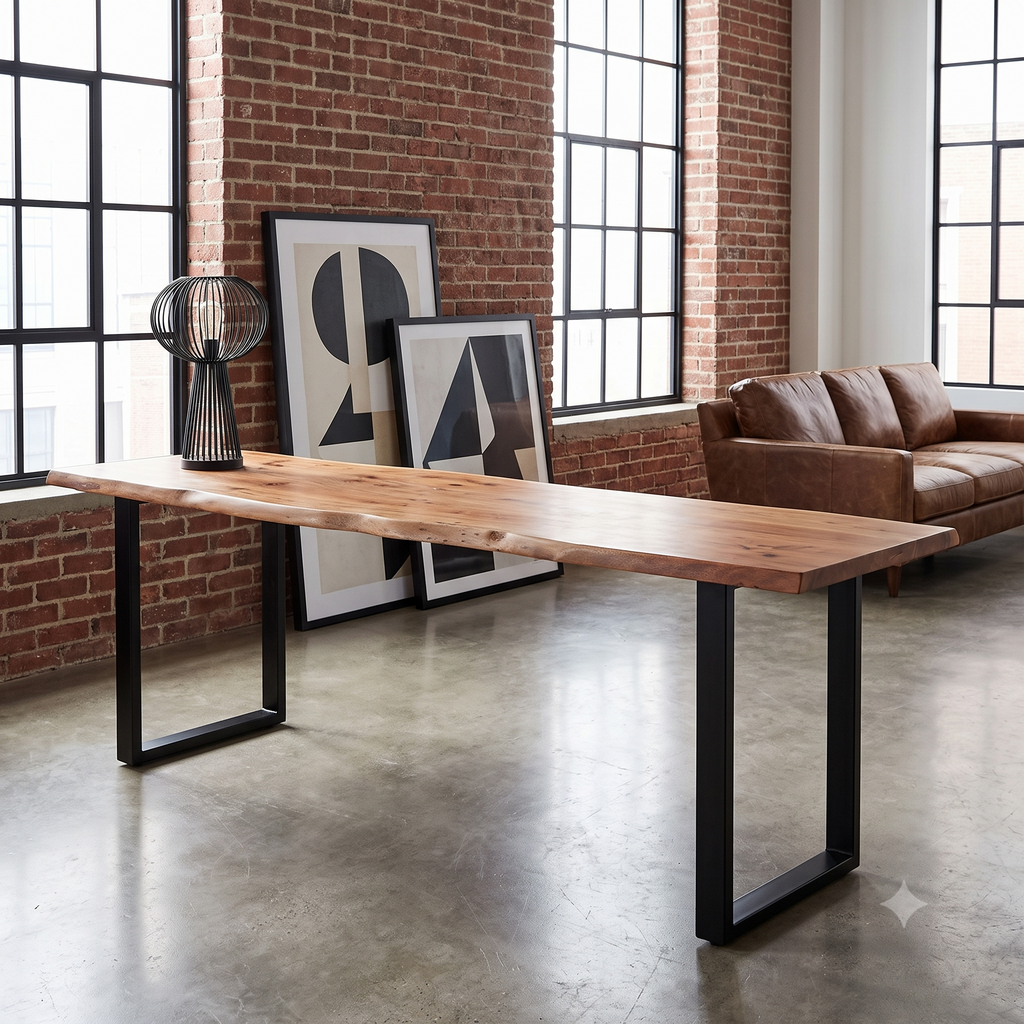 Live edge console table, 90 inch, staged in a spacious modern rustic room