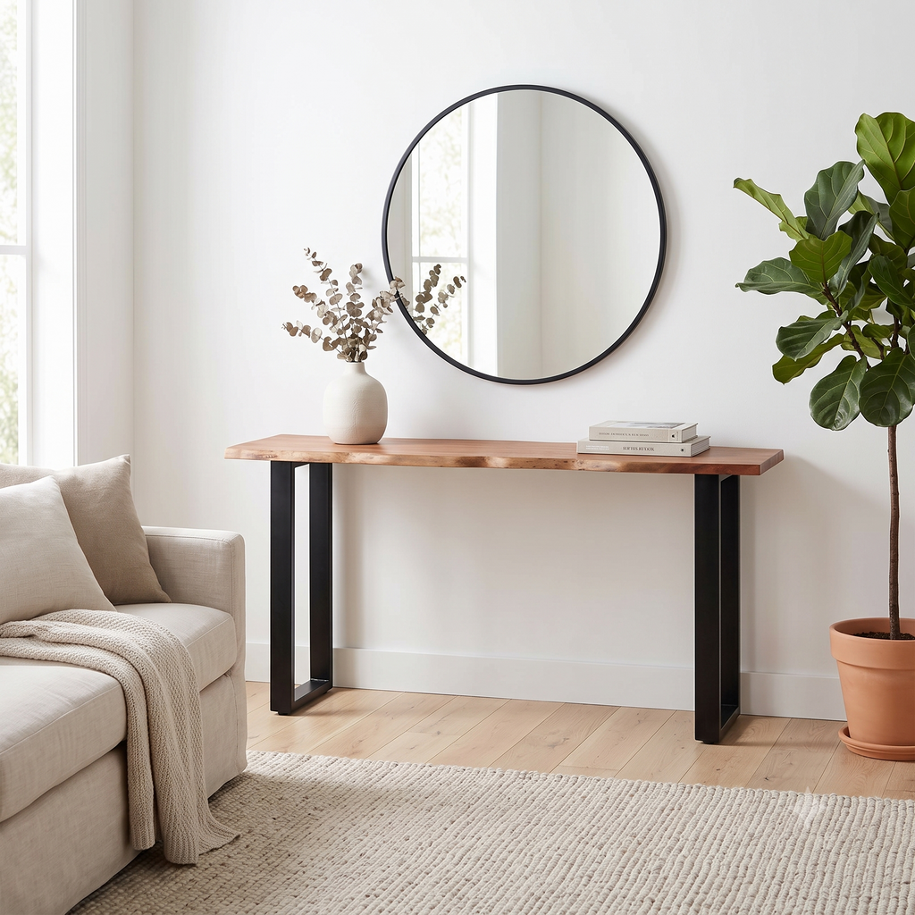 Live edge console table, 60 inch, staged in a warm modern rustic living room