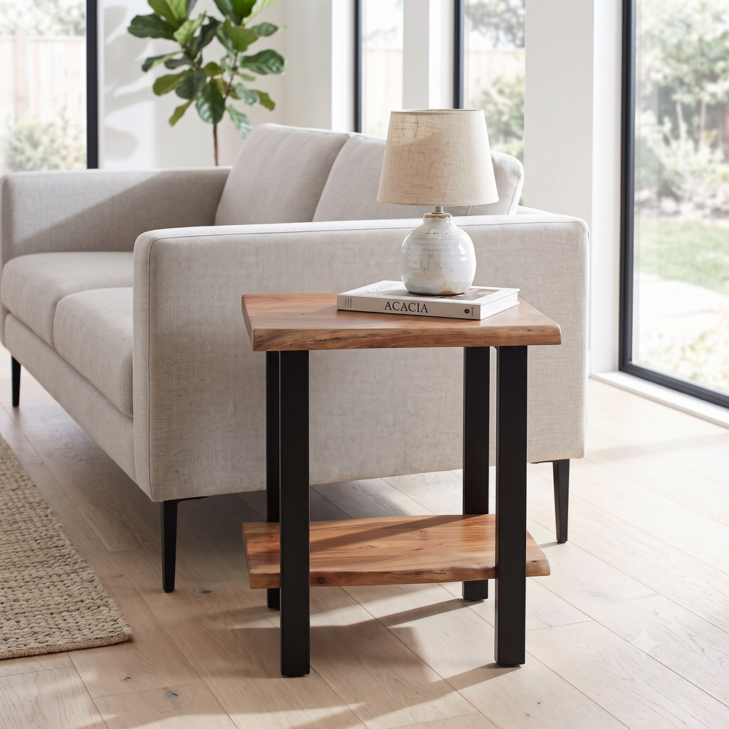 Live edge side table beside a sofa in a cozy styled living room