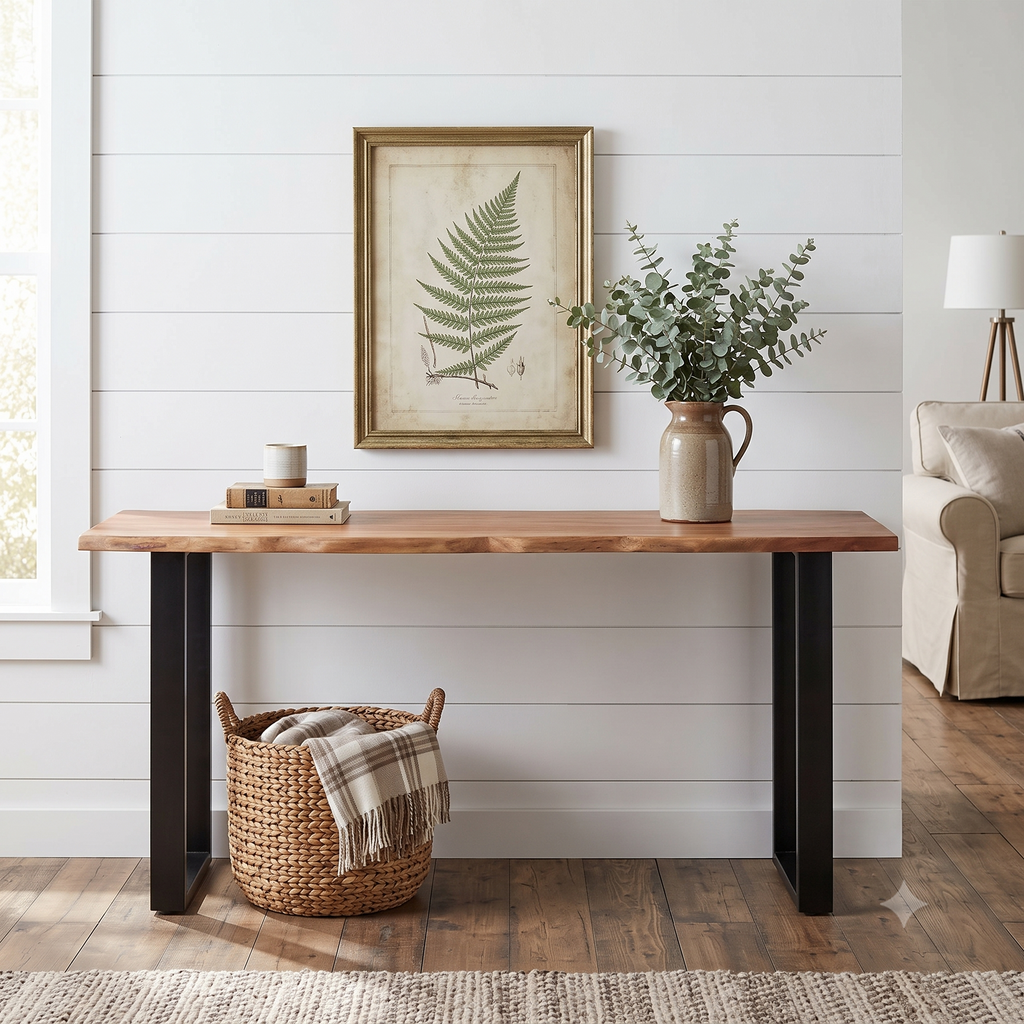 Live edge console table, 70 inch, staged in a styled entryway with warm decor