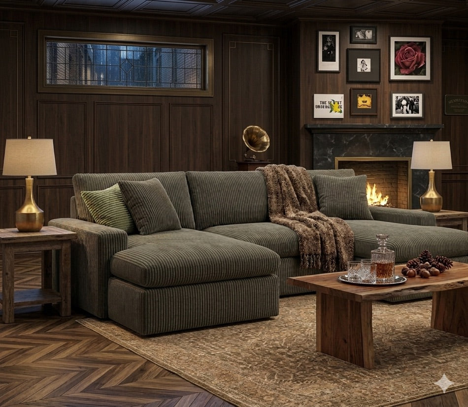 Yeti 4 Piece L with left chaise in Fog corduroy — L-shaped sectional in a warm panelled den. Cozy & Rustic, St. Cloud MN.