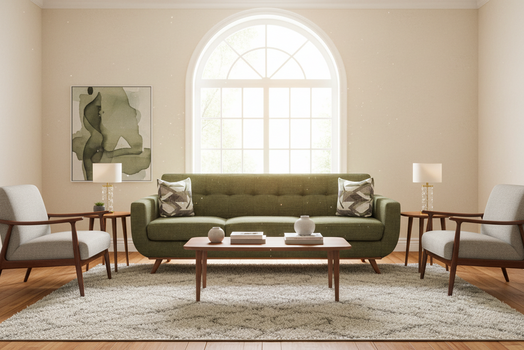 Cortona sofa in green, mid-century living room