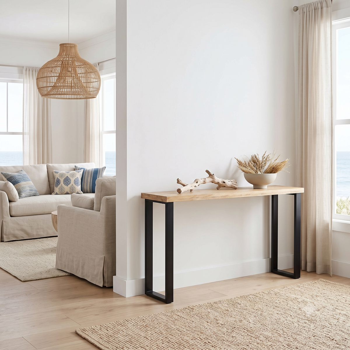 Mango wood console staged in a warm styled living room