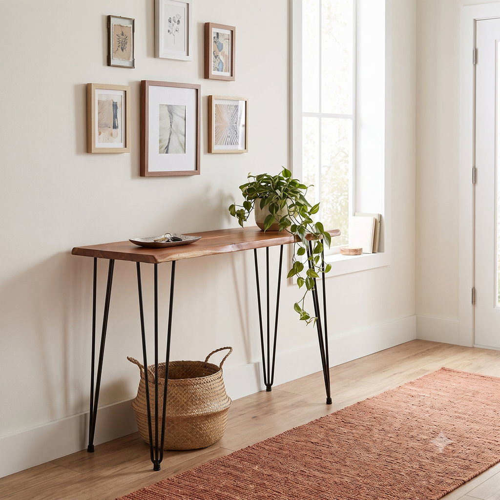 Live edge hairpin console staged in a warm styled entryway