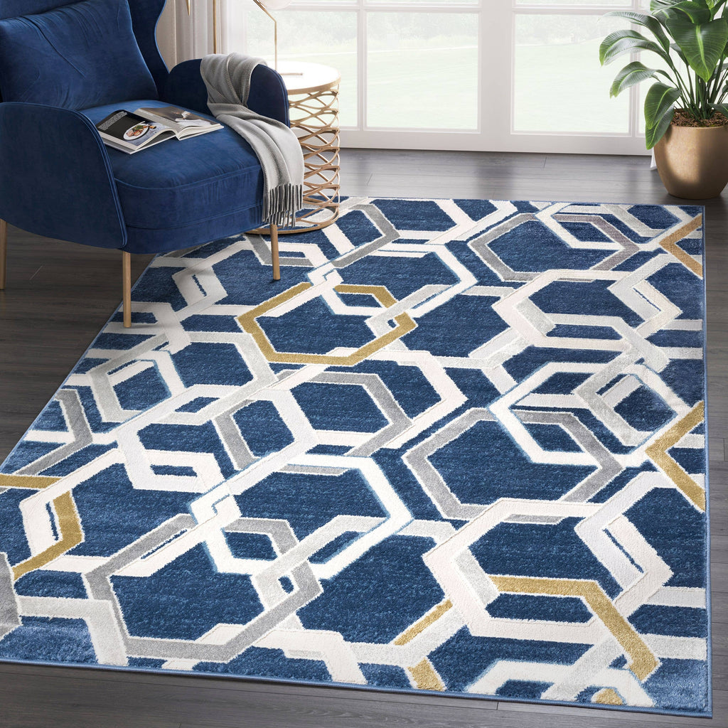 ABANI Atlas Multi Hexagon Blue Grey Area Rug
