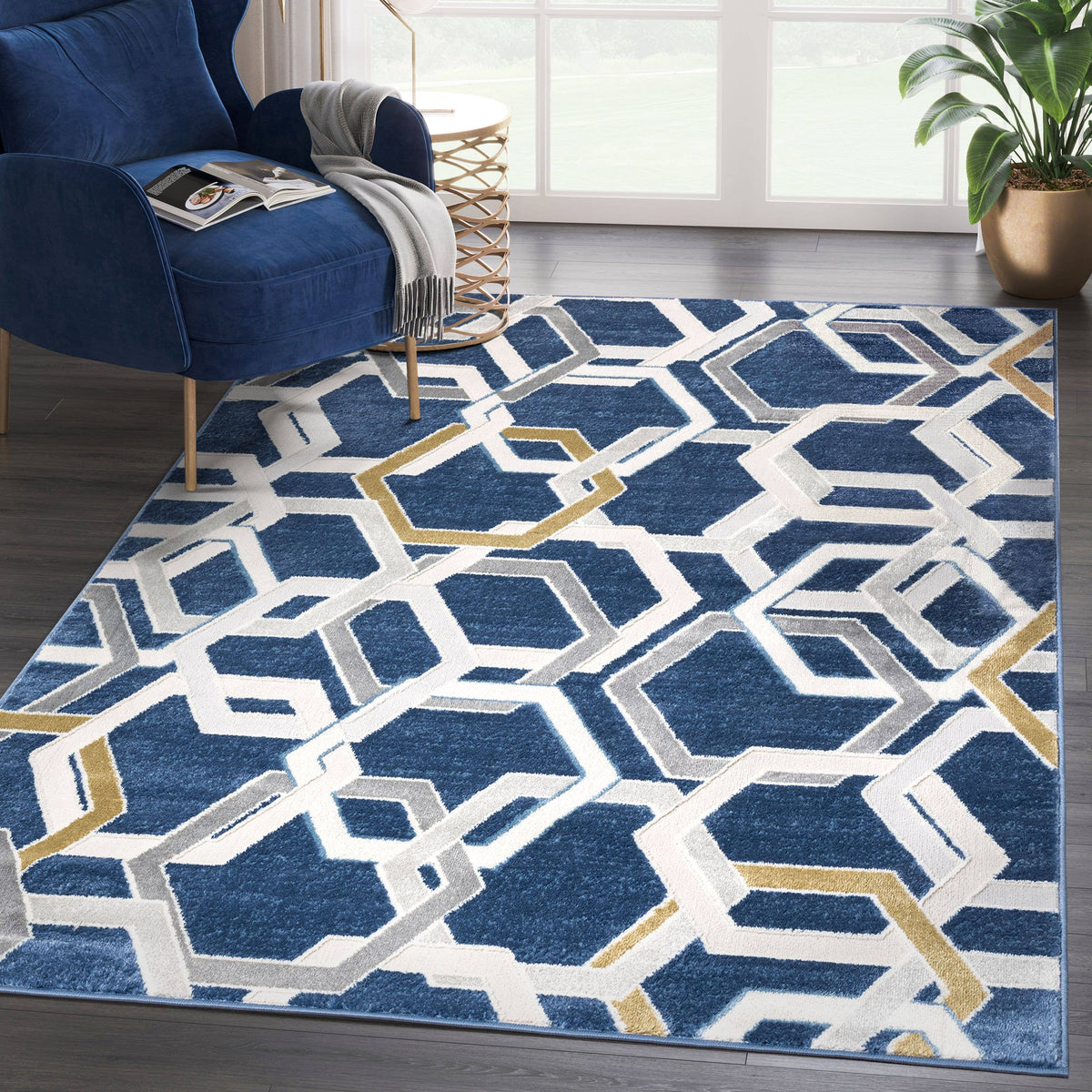 ABANI Atlas Multi Hexagon Blue Grey Area Rug