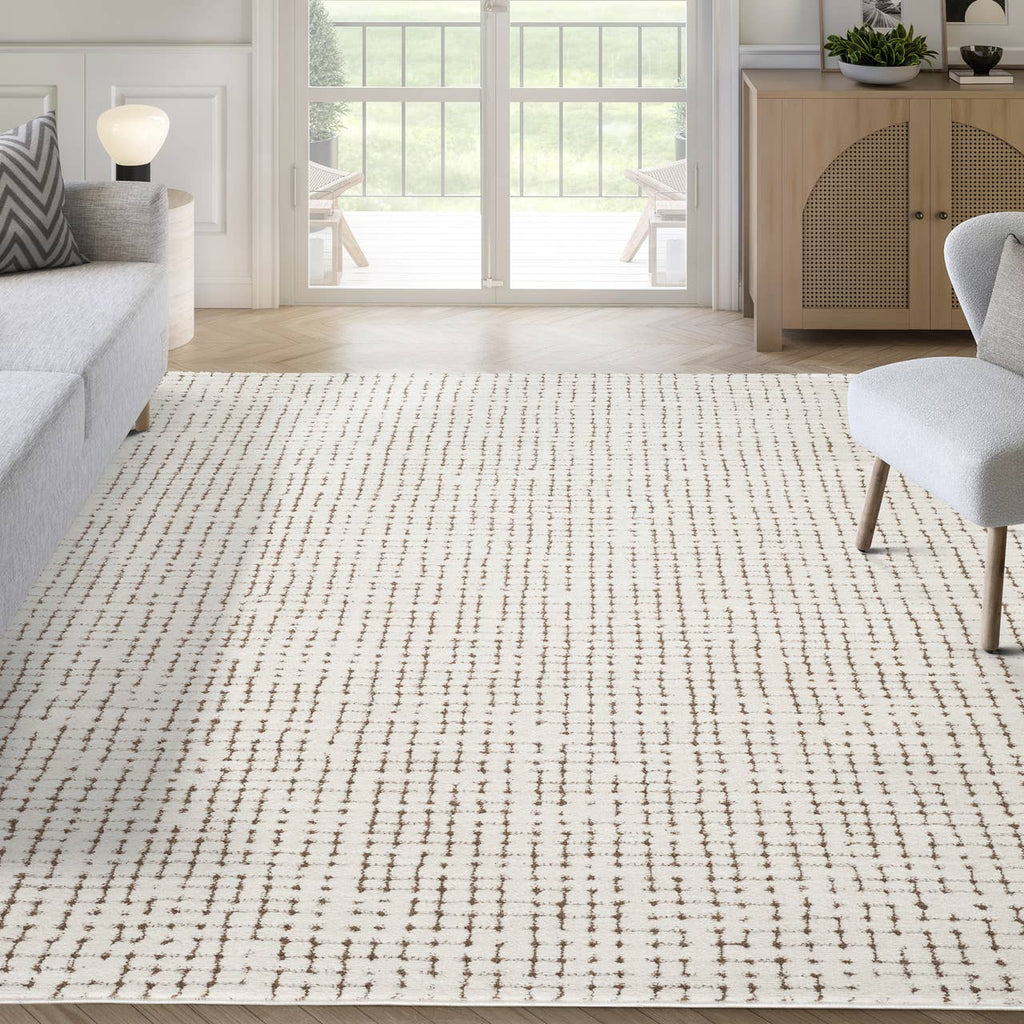 Oliver Modern Cream Brown Textured Crosshatch Area Rug