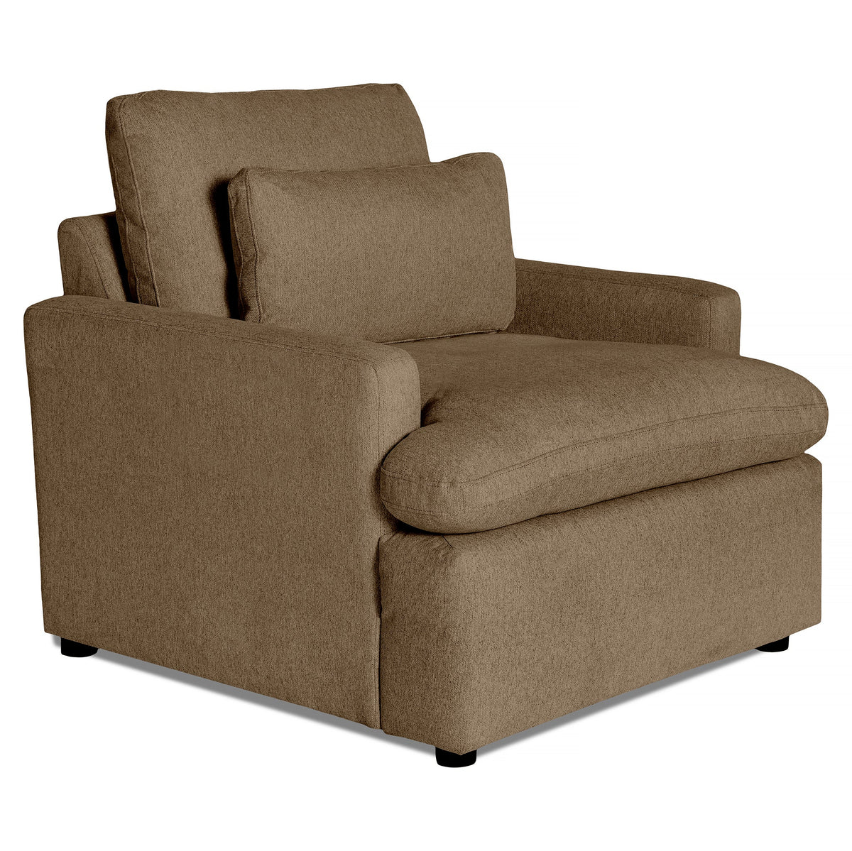 Introducing the My Cloud Chair, a spacious brown fabric armchair with thick cushioned armrests, a broad backrest, and a soft deep seat cushion for ultimate comfort. It sits on short black legs, epitomizing comfortable furniture.