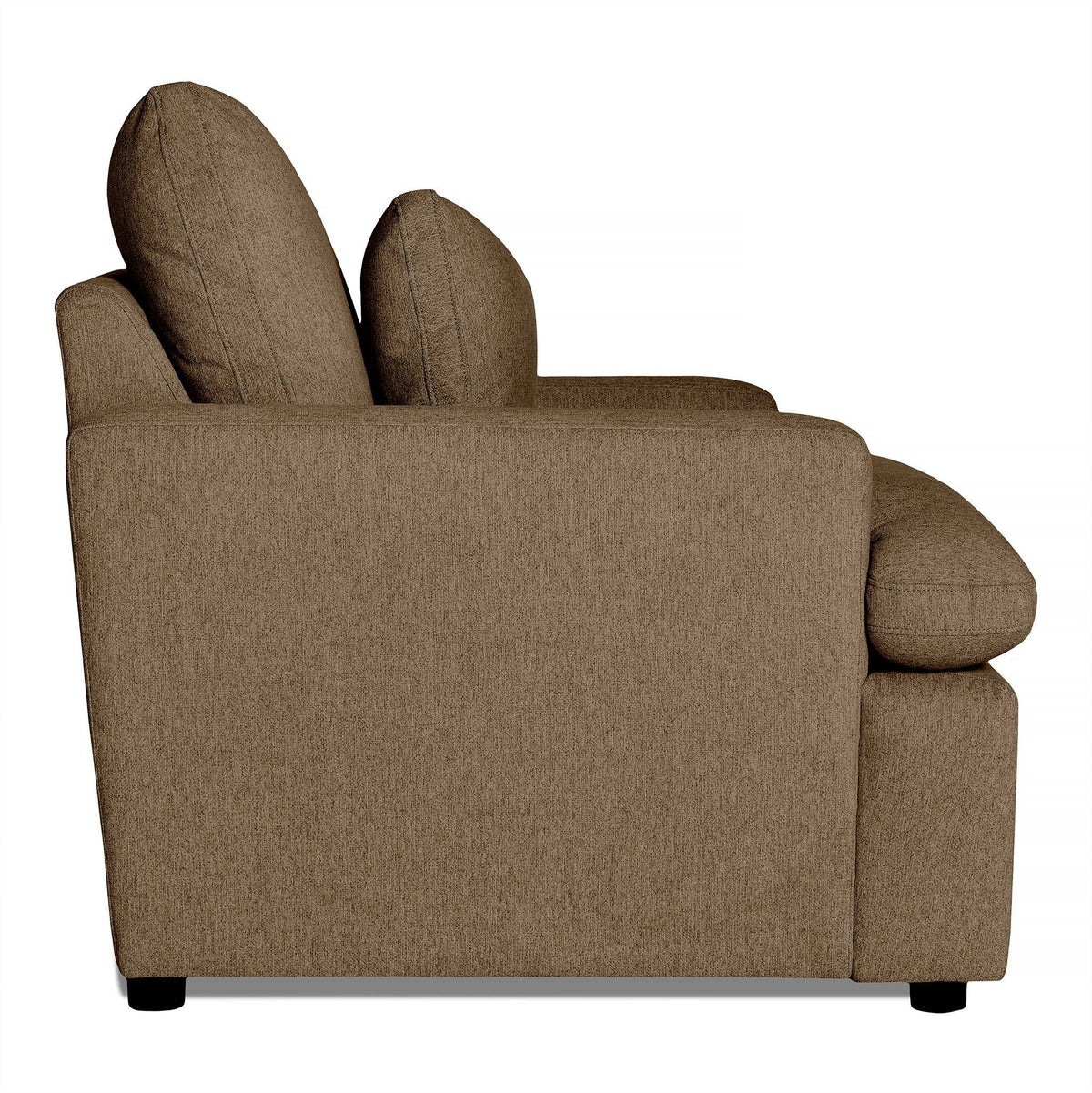 Side view of the My Cloud Chair, a brown upholstered piece with plush cushions. Its simple, modern design adds charm to any space. Set against a white background, this comfortable furniture exudes effortless style.