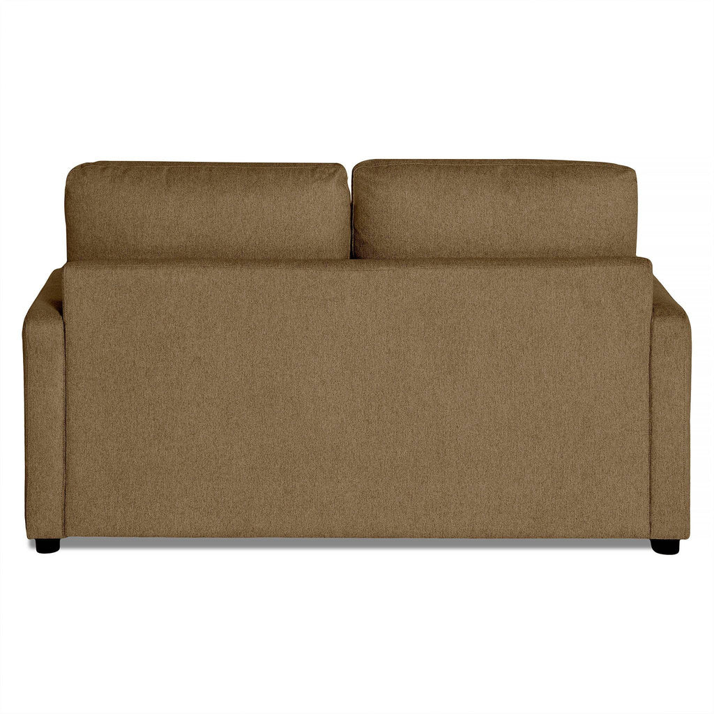 The My Cloud Loveseat is a brown fabric couch with dual cushions, straight armrests, and short black legs. Set against a white background, it enhances comfort and adds an inviting touch to any space.