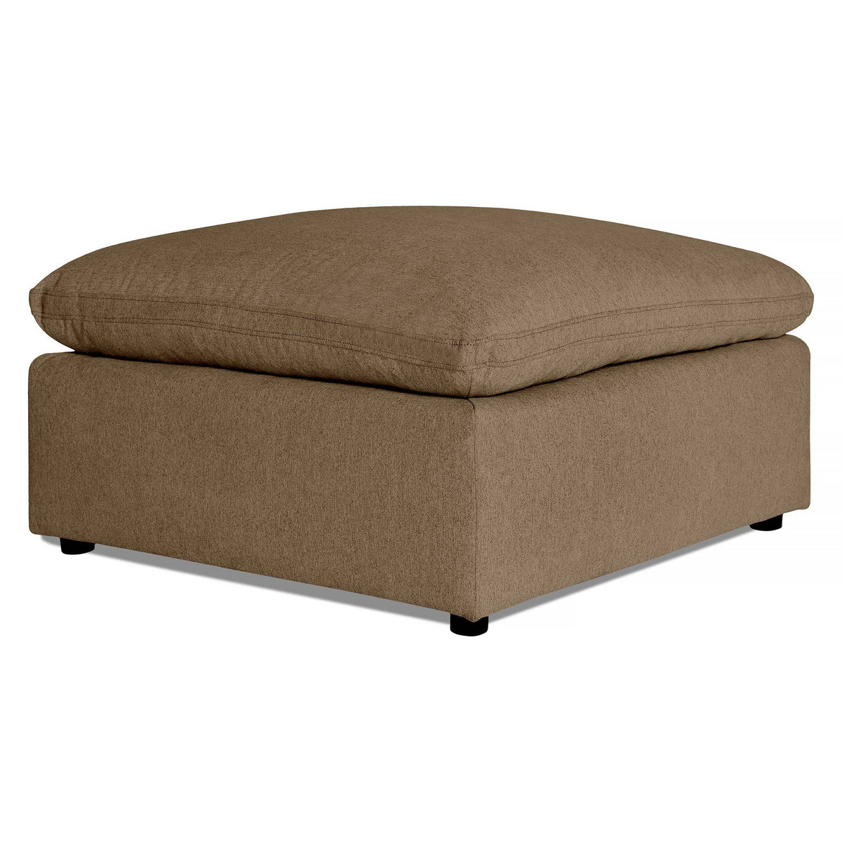 Introducing the My Cloud 40 Ottoman, a square, light brown piece with a cushioned top and black feet, set against a white background. This comfortable furniture boasts a simple, modern design perfect for use as a footrest or extra seating.