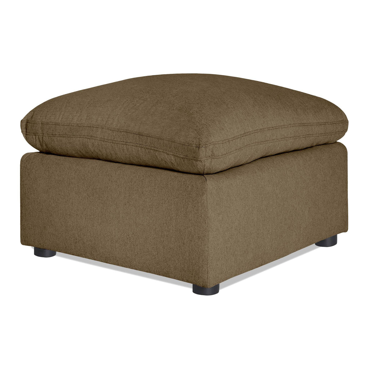 My Cloud 30 inch Ottoman in Earth styled in a warm rustic living room with fireplace