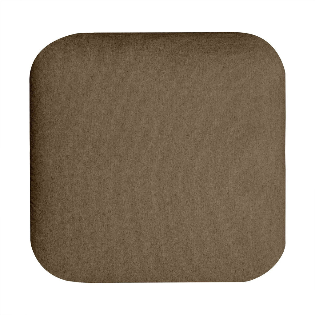 A My Cloud 30 Ottoman, in brown with rounded corners, appears as if floating on a white background. Its fabric is smooth and uniform, ideal for adding elegance to customizable furniture.