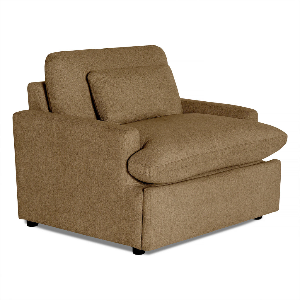 The My Cloud Power Recliner offers customizable comfort with its brown, cushioned design, featuring a rectangular shape and thick armrests. It includes a plush seat cushion and a removable pillow-style backrest for a truly relaxed seating experience.