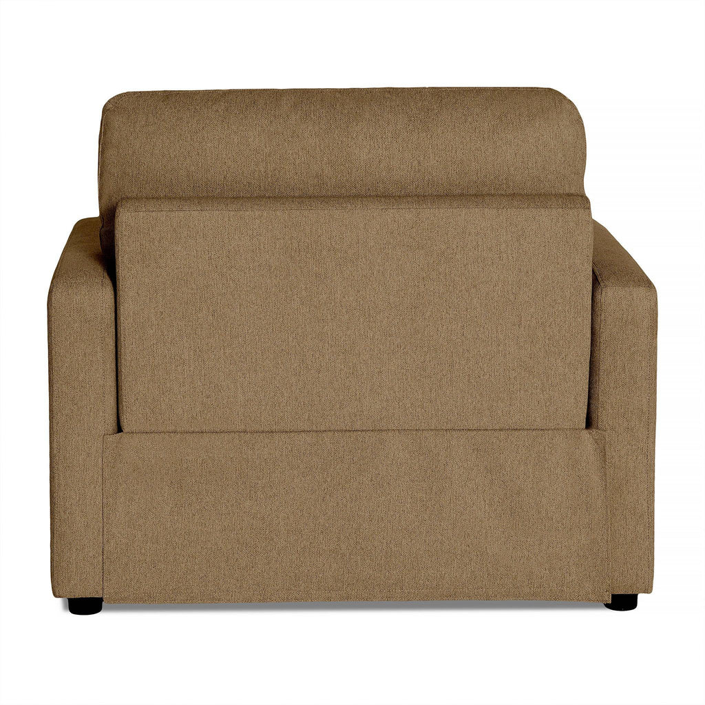 The My Cloud Power Recliner, viewed from the back, is a brown fabric armchair with a boxy design. It has a straight backrest, armrests, and rests on four small black feet. The chairs texture looks soft and cushioned for comfortable seating.