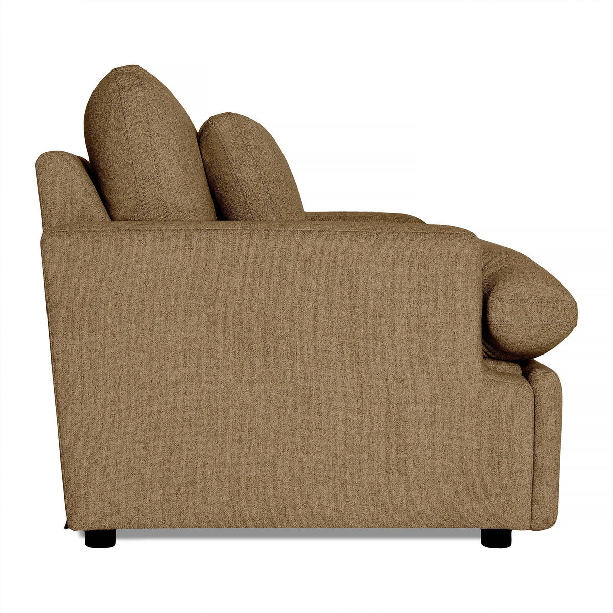 A side view reveals a brown sofa with large, cushioned armrests and back cushions that showcase ultimate comfort. The textured fabric enhances its appeal, and it rests on short black legs, offering coziness akin to the My Cloud Power Recliner.
