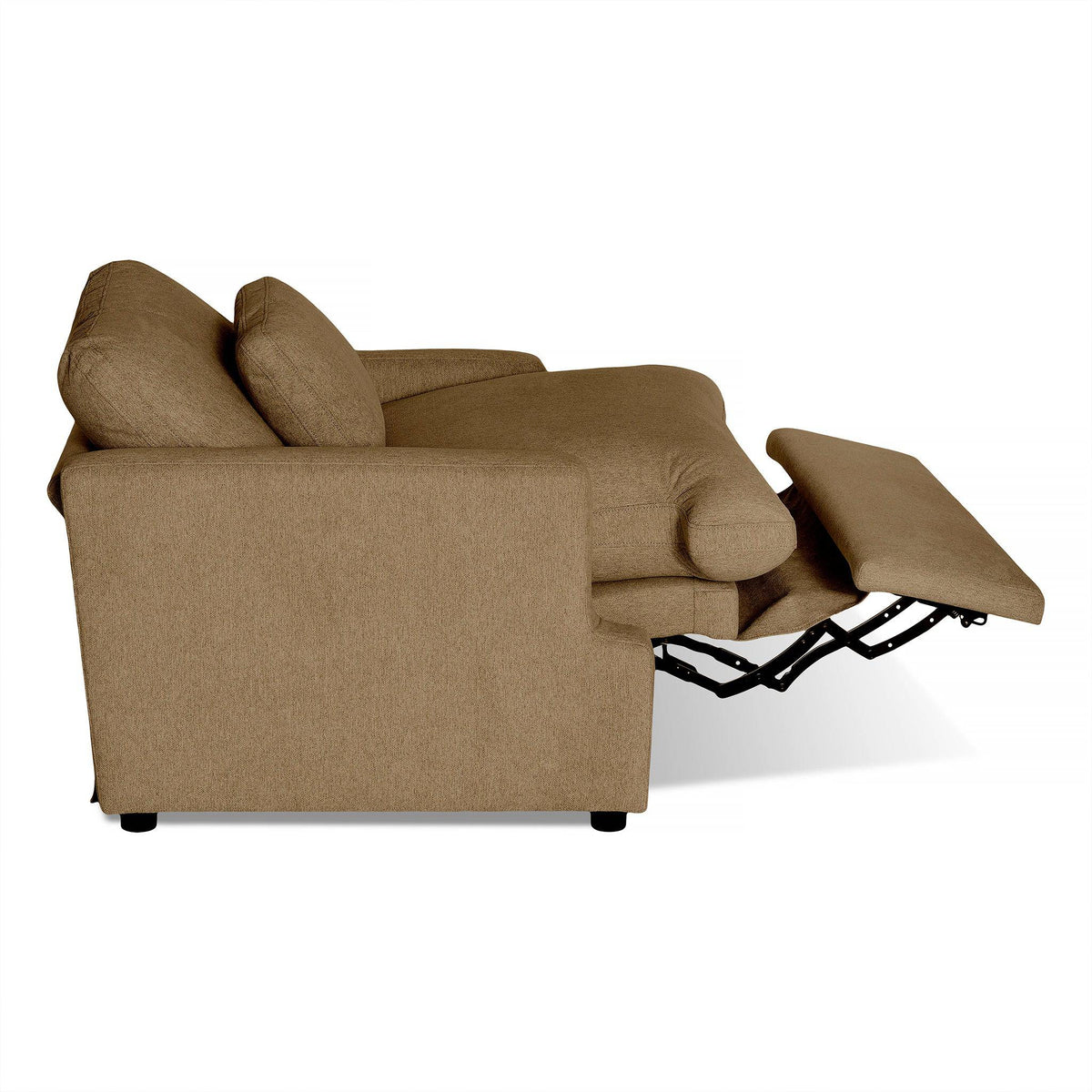The side view of the My Cloud Power Recliner displays a textured brown fabric, cushioned armrests and backrest. One seat is extended, revealing its metal mechanism and footrest platform for ultimate relaxation.