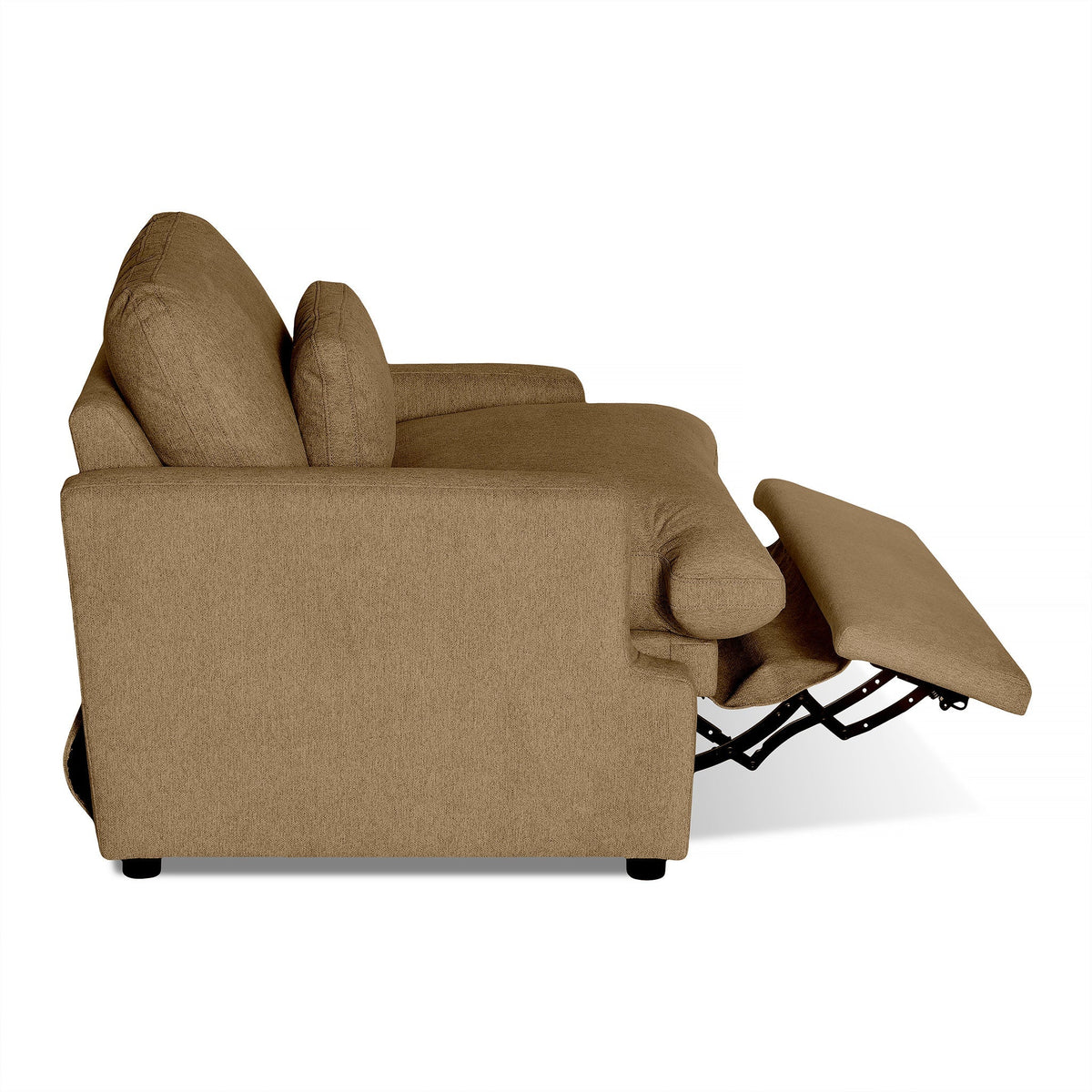 The My Cloud Power Recliner is a brown upholstered chair with padded armrests, an extended footrest supported by a metal mechanism, and customizable options.