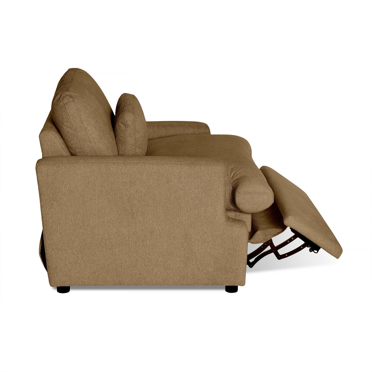 Side view of the My Cloud Power Recliner, a brown fabric chair with cushioned armrests, slightly angled backrest, extended footrest, and visible metal mechanism for customizable comfort.