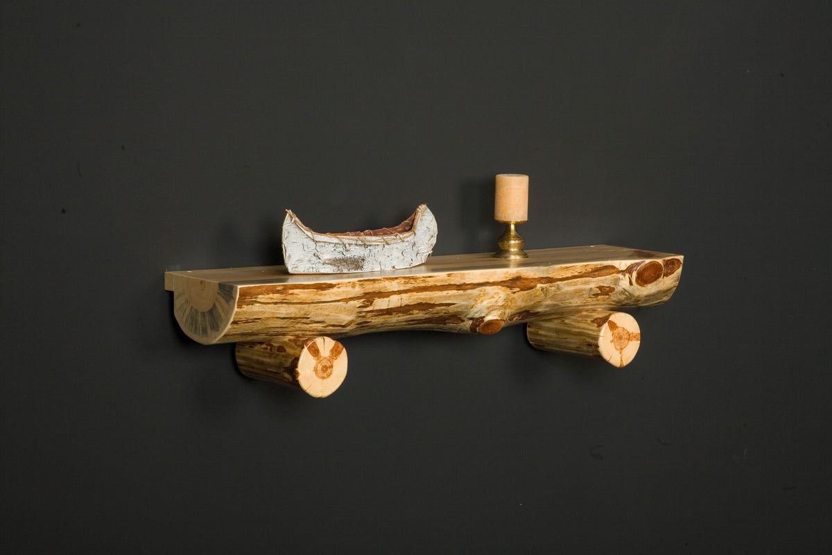 Log fireplace mantel in natural log finish