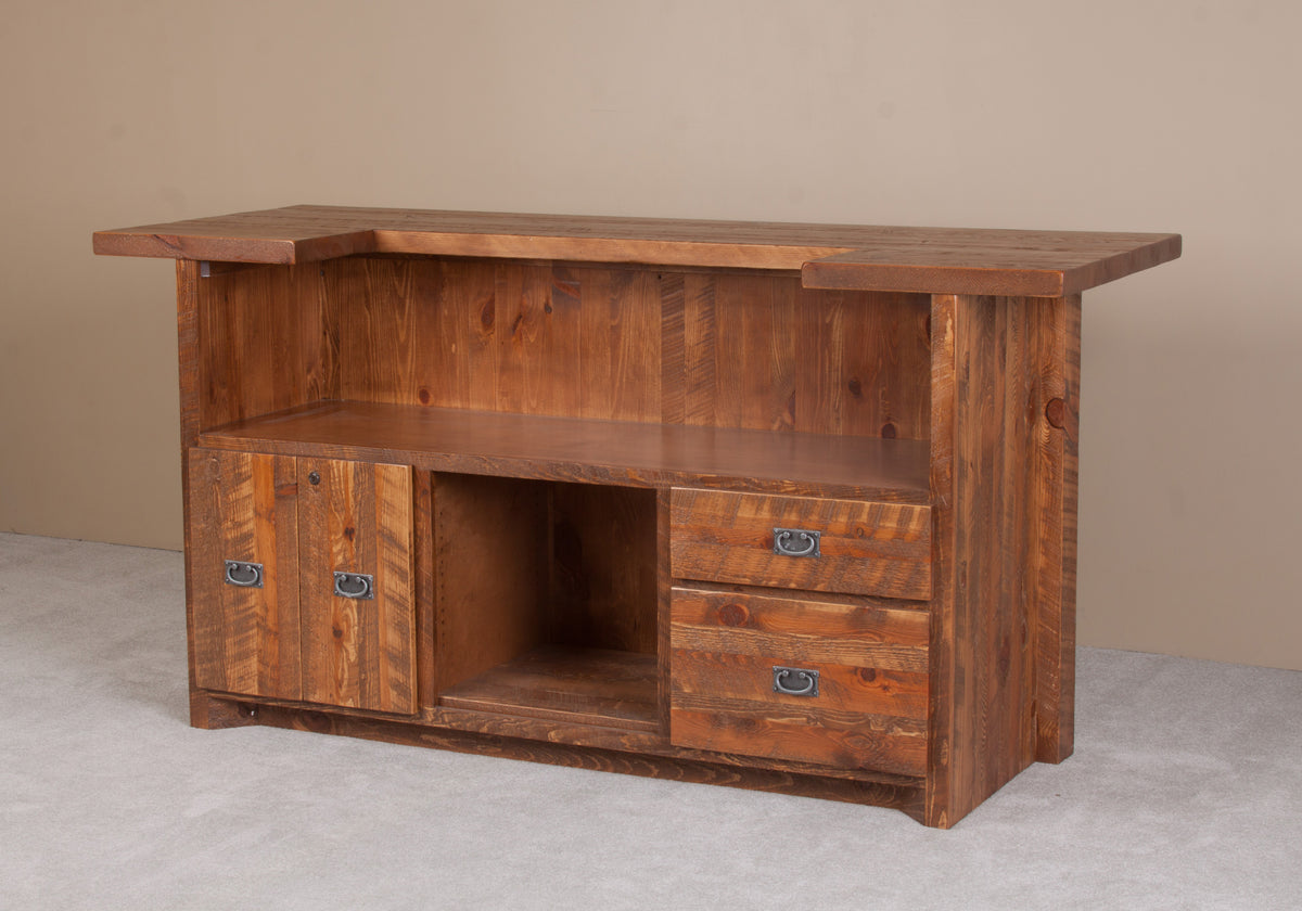 Barnwood 84-inch bar, back view with shelving