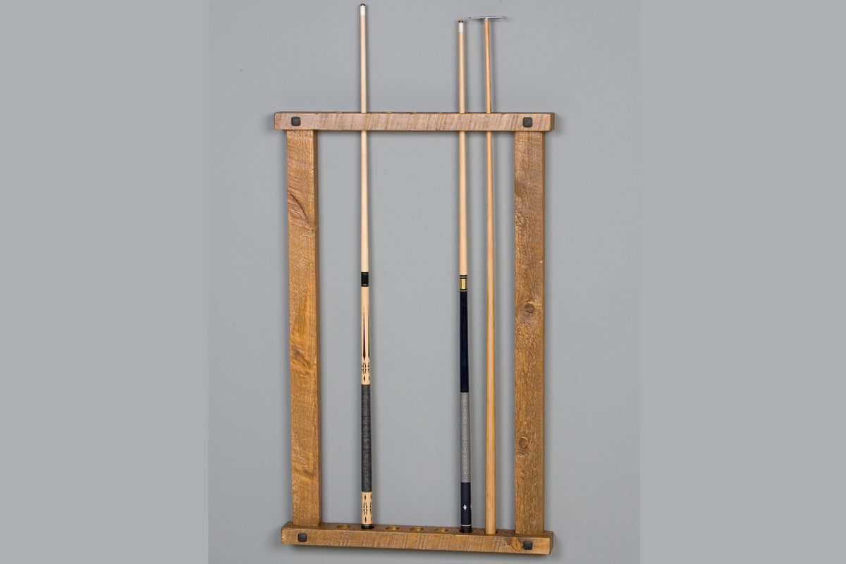 Barnwood wall framed cue rack, honey pine finish
