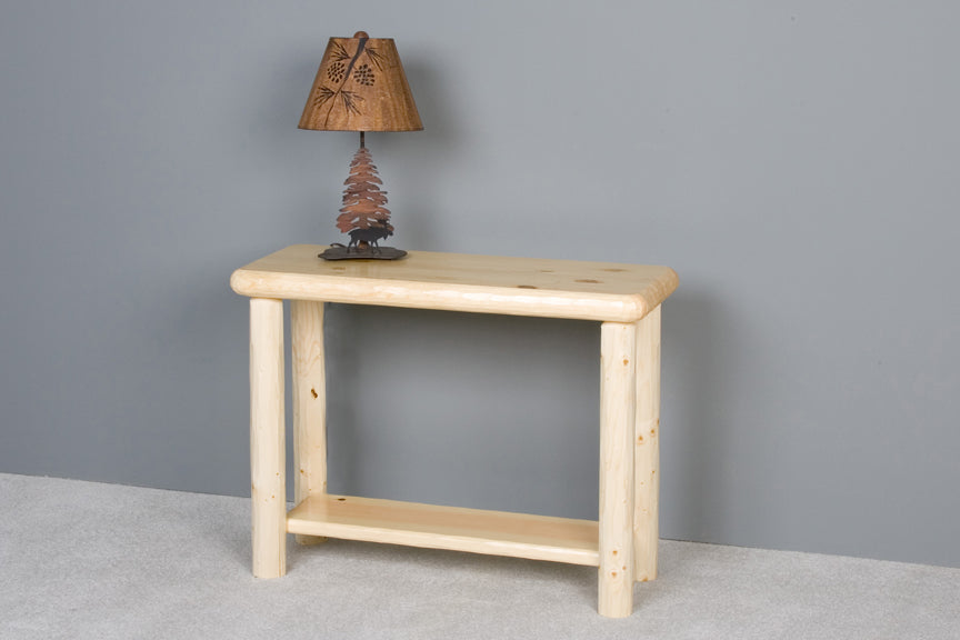 Northern Exposure log sofa table, clear finish
