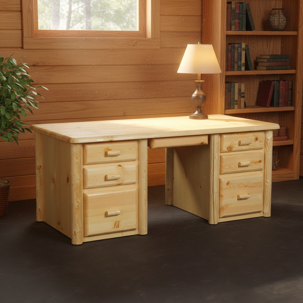 Log desk staged in a warm cabin home office