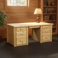 Log desk staged in a warm cabin home office