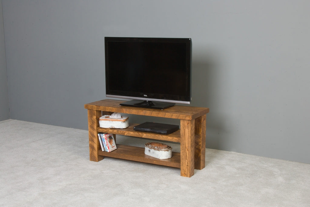 Barnwood TV stand, 48 inch, doors open, honey pine finish