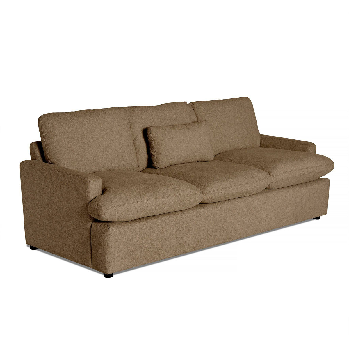 Meet the My Cloud Sofa: a beige three-seater marvel with plush cushions, thick armrests, and a matching throw pillow. Enjoy ultimate comfort on a sleek white backdrop.