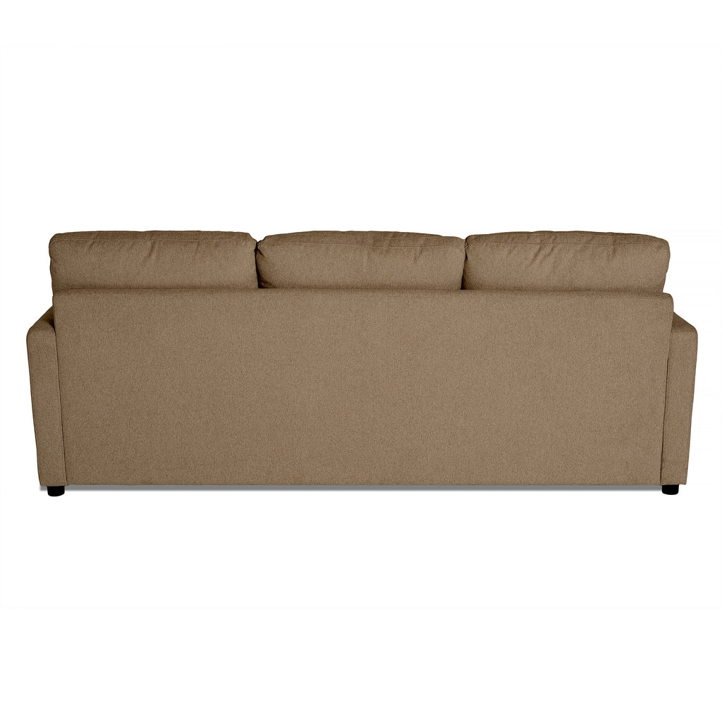 The image displays the back view of a My Cloud Sofa, a comfortable three-seater with a simple design. The brown sofa has smooth fabric, slightly rounded armrests, and plush, perfectly aligned back cushions.
