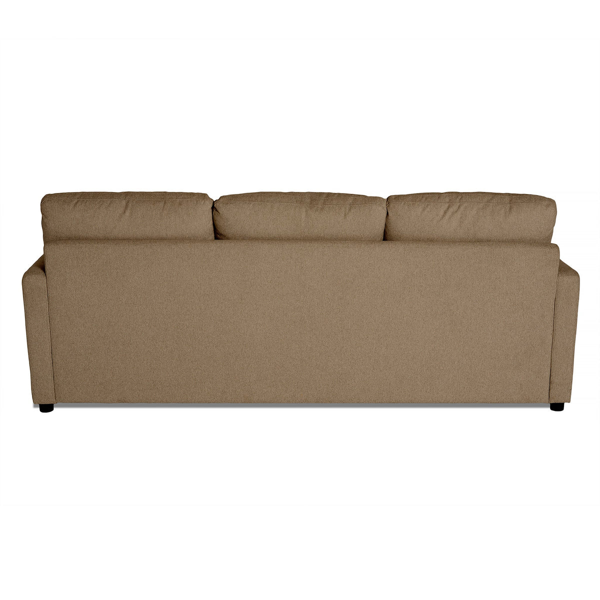 The image displays the back view of a My Cloud Sofa, a comfortable three-seater with a simple design. The brown sofa has smooth fabric, slightly rounded armrests, and plush, perfectly aligned back cushions.