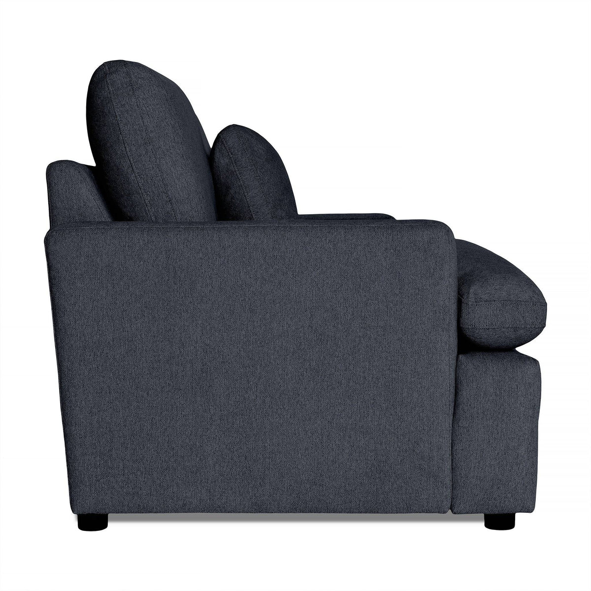 Side view of the My Cloud Loveseat in dark gray, featuring plush cushions and armrests. Set against a plain white backdrop, it showcases the modern and comfortable design of this customizable piece.