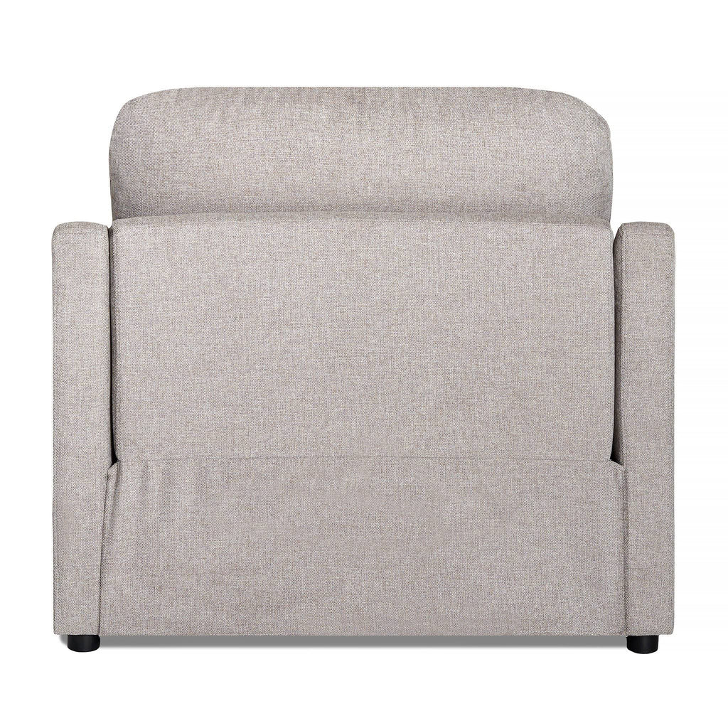 The image features a light gray upholstered My Cloud Slope Power Recliner with a smooth fabric finish and cushioned backrest. Simple straight armrests enhance the sleek design, while small dark legs add understated elegance at the bottom.