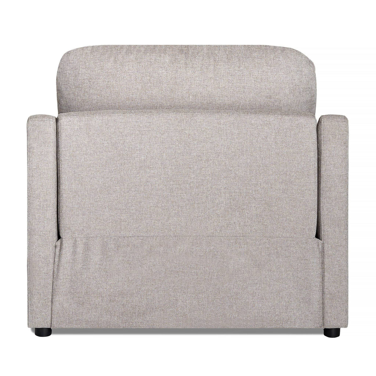 The image features a light gray upholstered My Cloud Slope Power Recliner with a smooth fabric finish and cushioned backrest. Simple straight armrests enhance the sleek design, while small dark legs add understated elegance at the bottom.