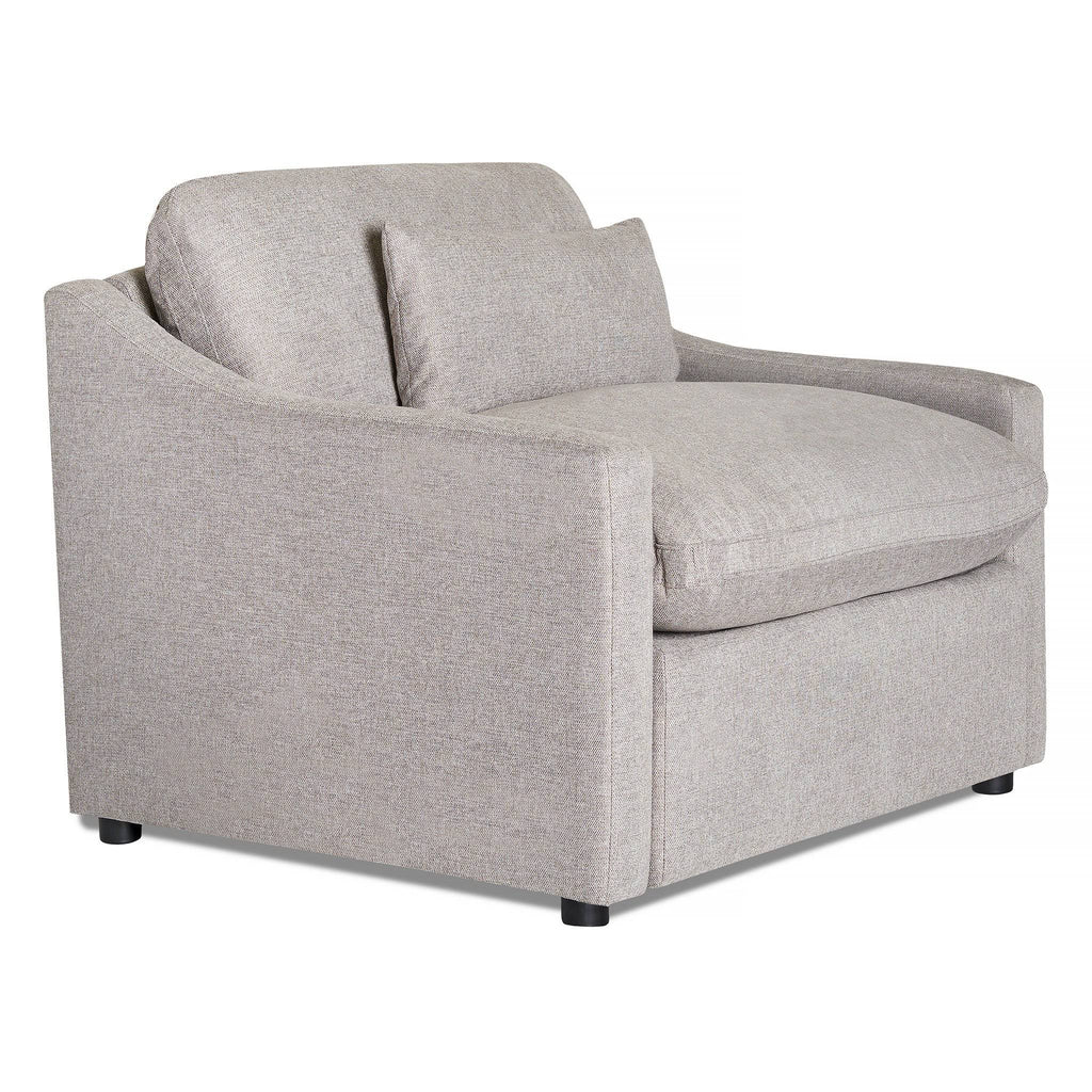 The My Cloud Slope Power Recliner is a modern, large armchair with light grey fabric upholstery. It offers My Clouds signature comfort with a thick, cushioned seat and backrest in a slightly curved design, elegantly supported by small dark wooden legs.