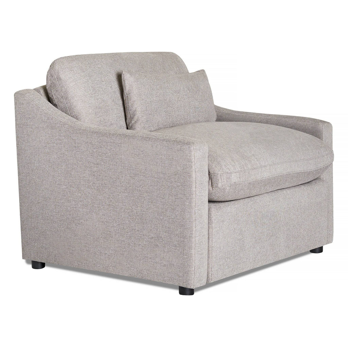 The My Cloud Slope Power Recliner is a modern, large armchair with light grey fabric upholstery. It offers My Clouds signature comfort with a thick, cushioned seat and backrest in a slightly curved design, elegantly supported by small dark wooden legs.