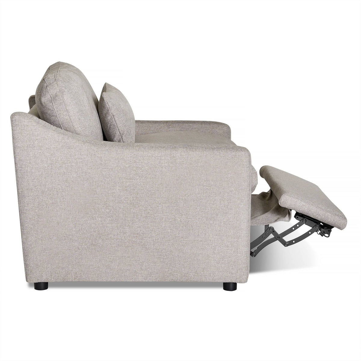 Side view of the light gray My Cloud Slope Power Recliner sofa with an extended footrest, featuring smooth fabric upholstery and rounded armrests. It embodies a simple, modern design perfect for customizable furniture enthusiasts.