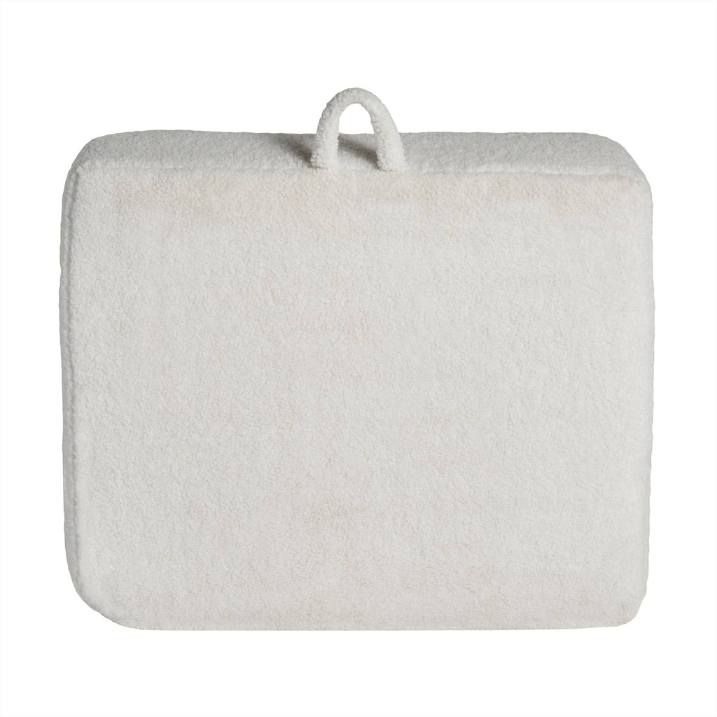 A rectangular, plush white Sherpa cushion features a short handle on top, set against a white background. The texture looks soft and fuzzy, making it perfect for the My Cloud Kidz Chair.