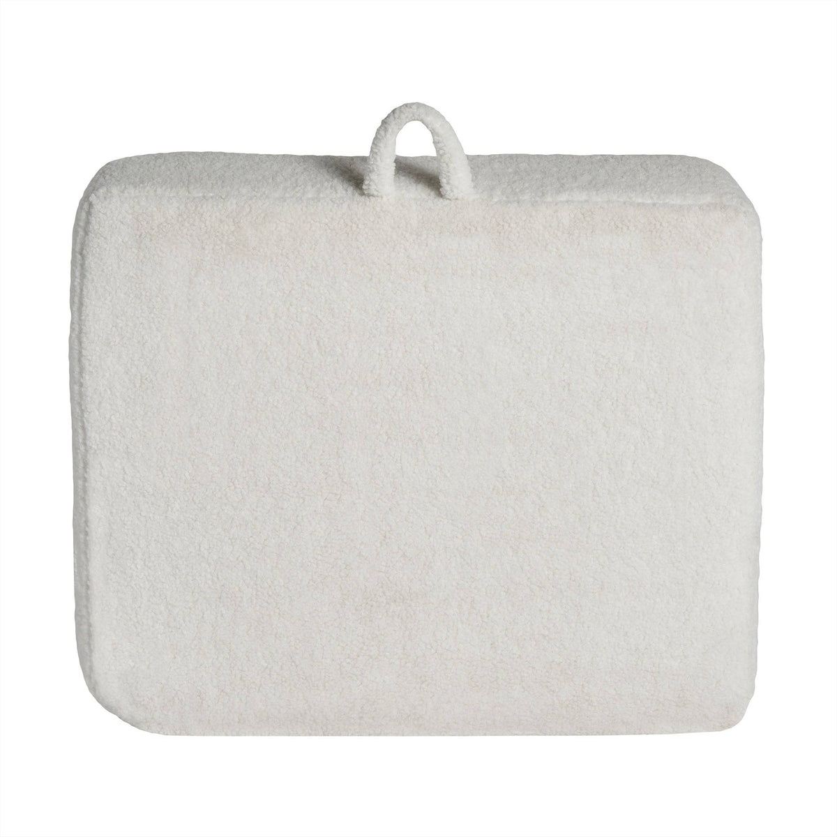 A rectangular, plush white Sherpa cushion features a short handle on top, set against a white background. The texture looks soft and fuzzy, making it perfect for the My Cloud Kidz Chair.