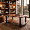 Live Edge acacia coffee table with lower shelf staged in a warm study at golden hour