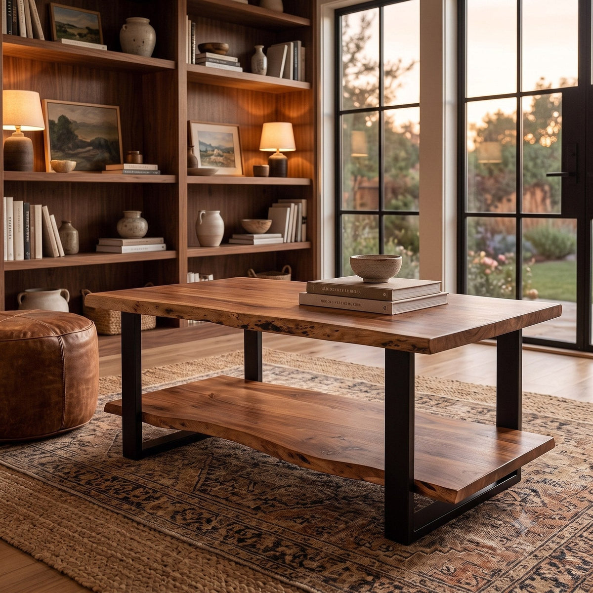 Live Edge acacia coffee table with lower shelf staged in a warm study at golden hour