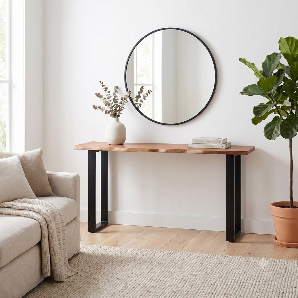 Live Edge acacia console table 60 inch staged in an entryway