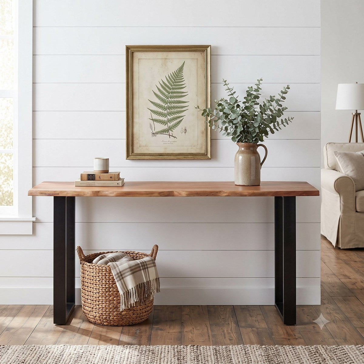 Live Edge acacia console table styled in a bright farmhouse entryway