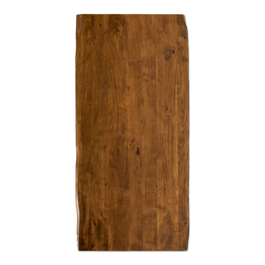 The Live Edge Dining Table features a rectangular wooden tabletop with a natural finish and visible wood grain, creating an inviting atmosphere. Its slightly uneven edges offer a rustic look reminiscent of unique slabs of wood, while the smooth surface remains uncluttered.